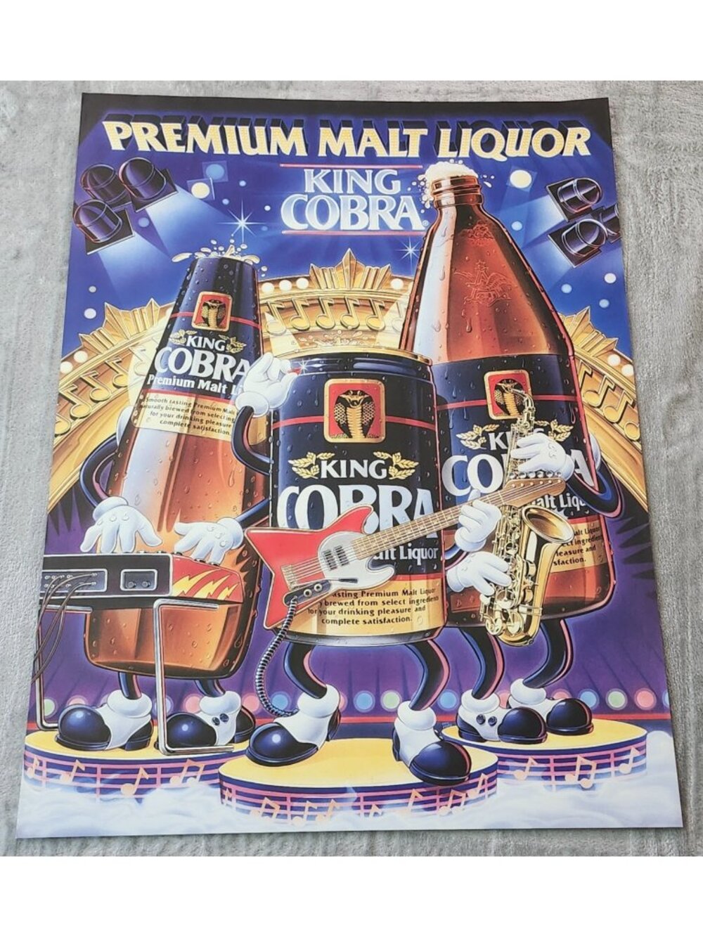 Vintage 1986 King Cobra Premium Malt Liquor Beer Cartoon Band Bar Poster